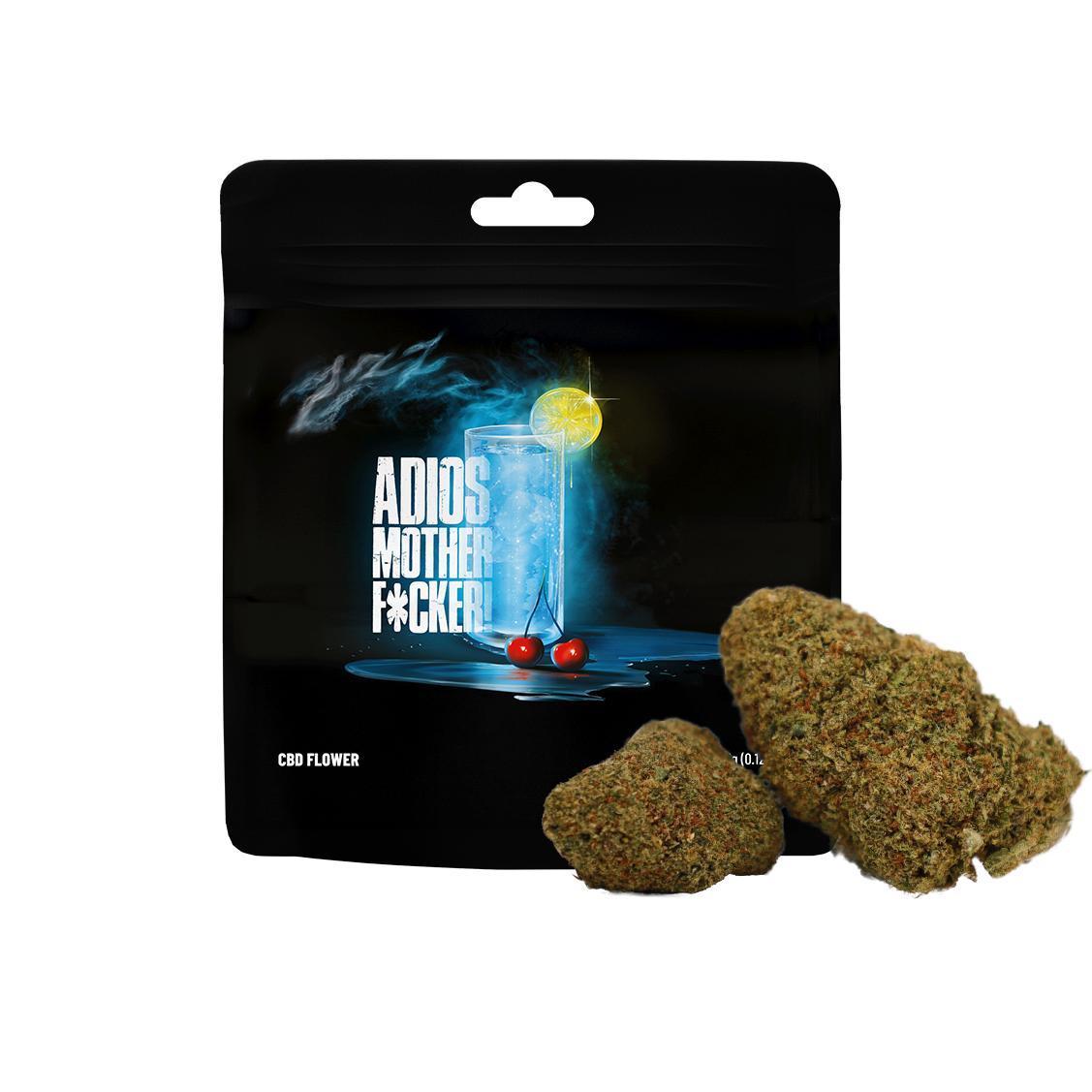 Fleur CBD Cookies Adios Mother Fucker avec bourgeons verts et feuilles, vue rapprochée, sur fond neutre.