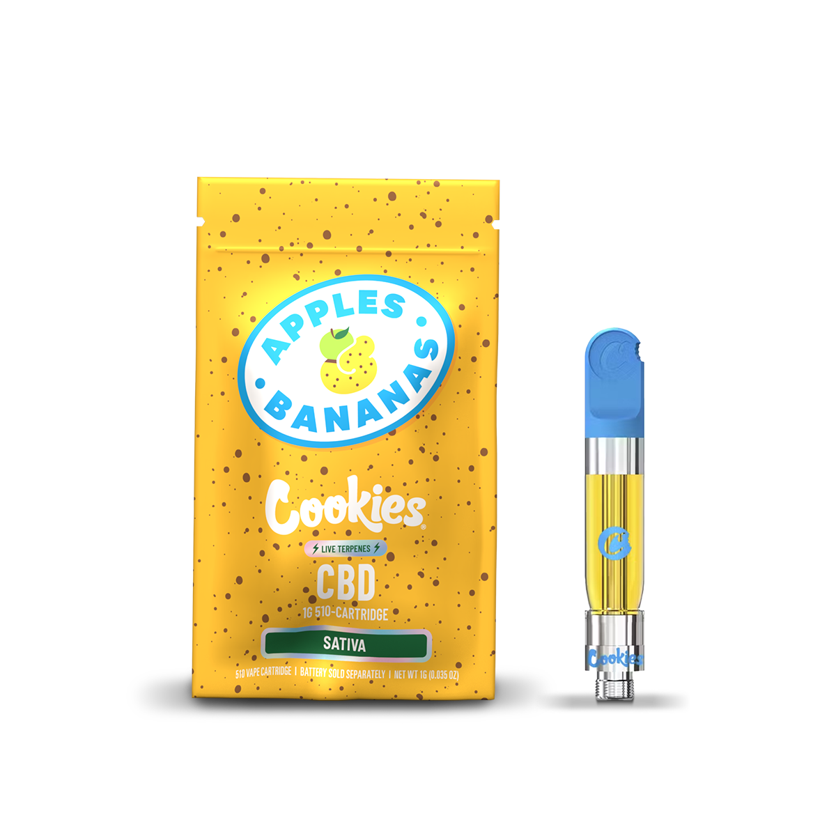 Cartouche CBD Cookies aux saveurs de pommes et bananes, avec illustration de pommes et bananes.