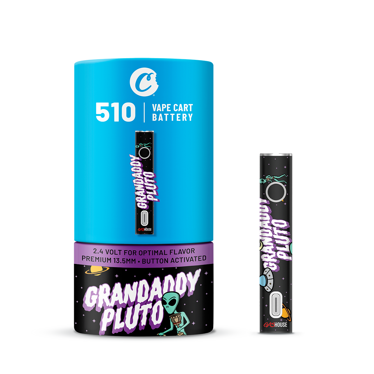Batterie pour cartouche de vape 510 Granddady Pluto de la marque Cookies, compacte et compatible avec les cartouches de vapotage.
