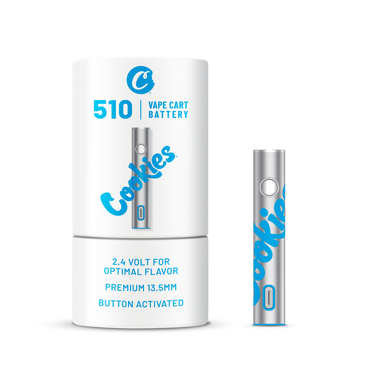 Batterie de vaporisateur Cookies 510 Silver, compacte et métallique, pour cartouches de vape.