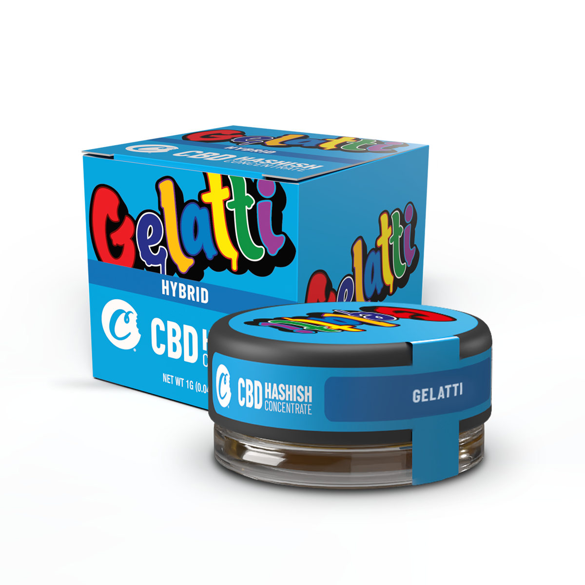 Gellati Hash CBD de la marque Cookies, bloc de concentré de cannabis avec texture riche, en emballage transparent.
