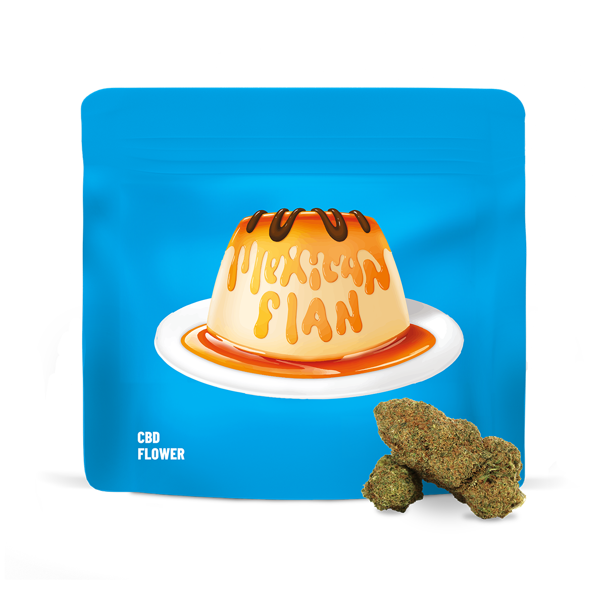 Pochons de 100g de fleur de CBD Mexican Flan de la marque Cookies, fleurs séchées et aromatiques.