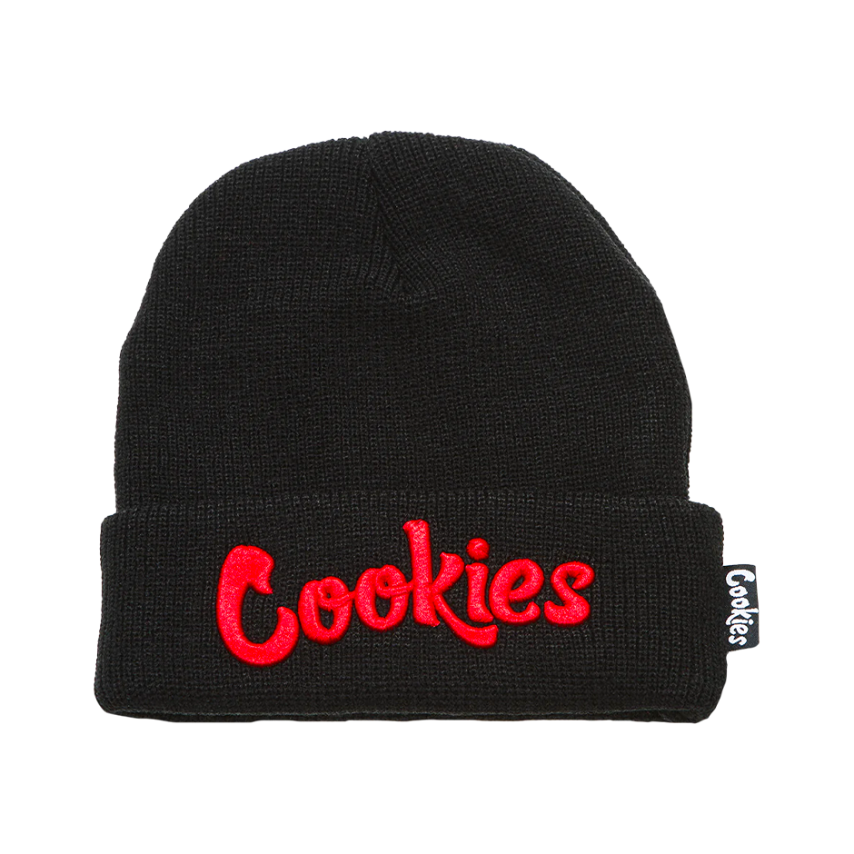 Bonnet brodé Cookies Goodies noir avec motifs Cookies rouges et blancs, tissu doux et confortable.