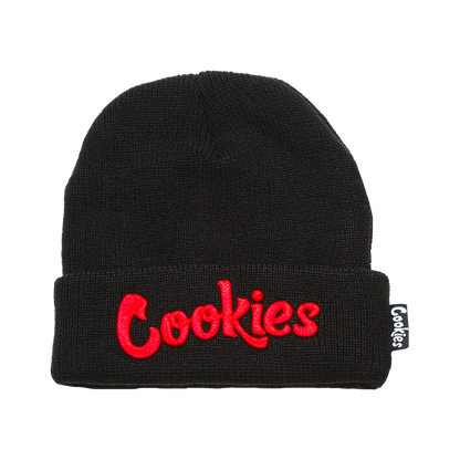 Bonnet brodé Cookies Goodies noir avec motifs Cookies rouges et blancs, tissu doux et confortable.