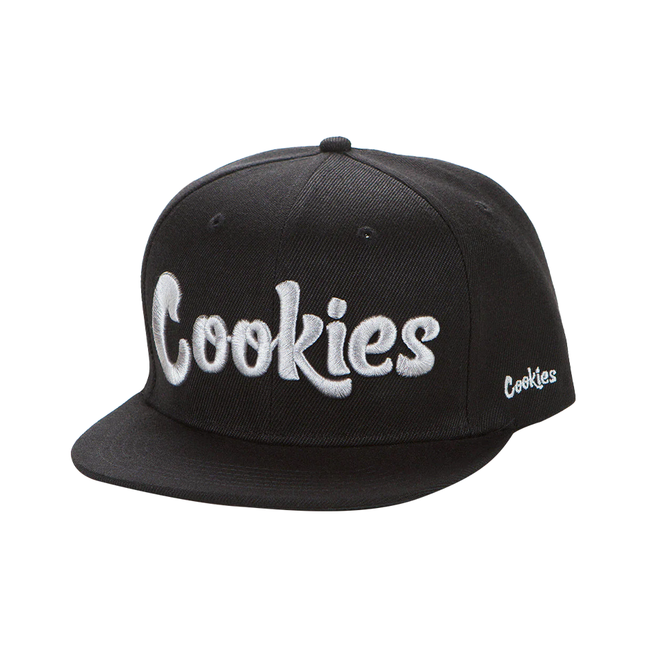 Casquette snapback noire Cookies Original Goodies avec logo blanc, style décontracté et tendance.