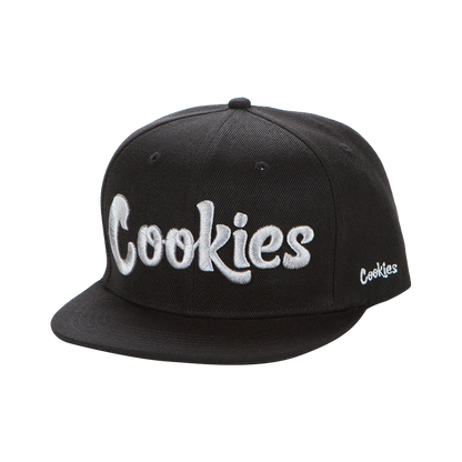 Casquette snapback noire Cookies Original Goodies avec logo blanc, style décontracté et tendance.