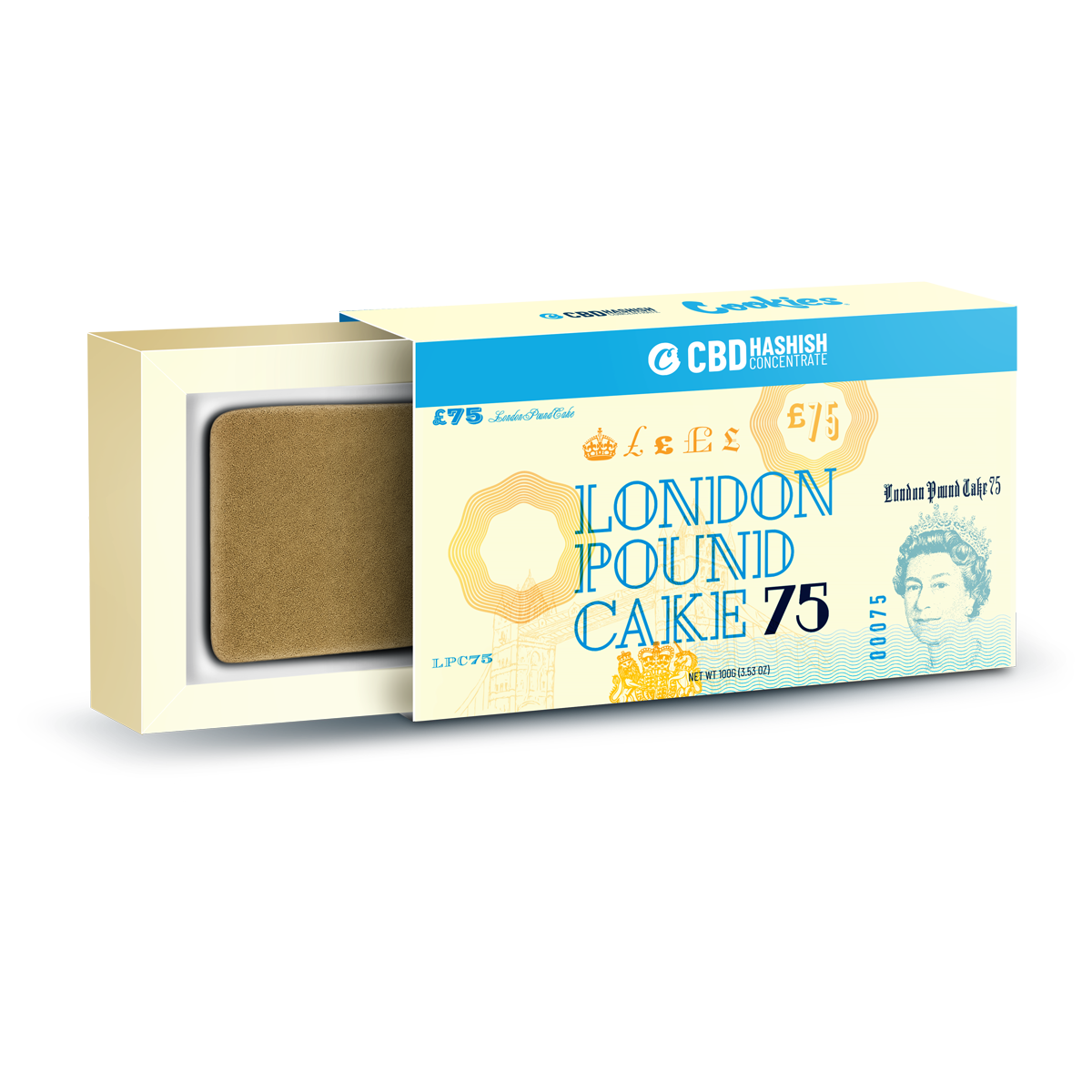 Tranche de 100g de Hash CBD London Pound Cake 75 de la marque Cookies, montrant la texture et la couleur du produit.