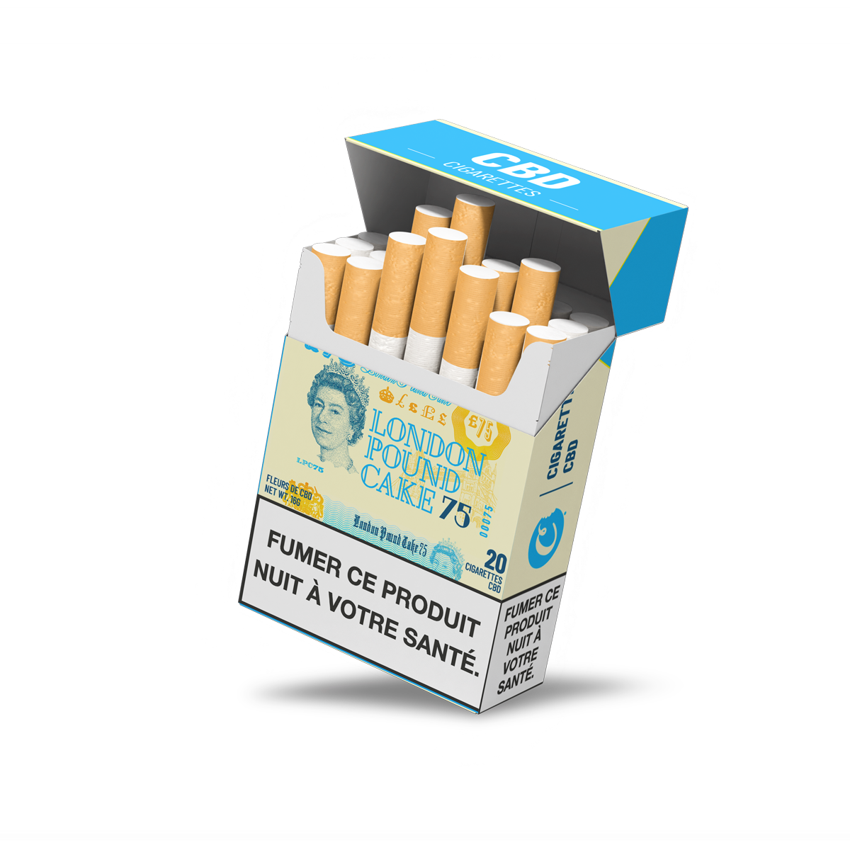 Paquet de cigarettes CBD Cookies Europe London Pound Cake 75 cookies, emballage fictif avec design moderne.