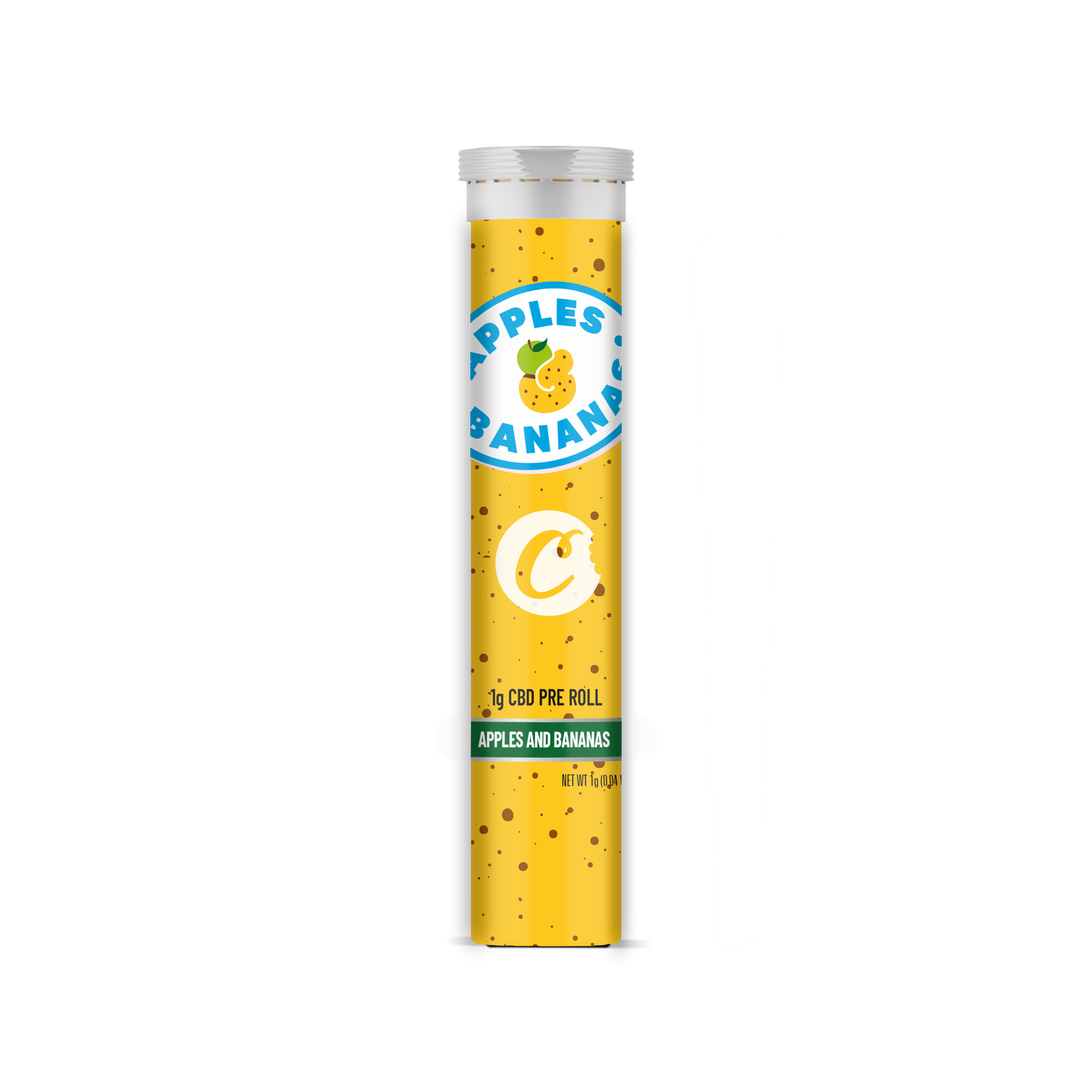 Pré-roulé CBD Cookies aux pommes et bananes, présenté dans un emballage avec des fruits frais.