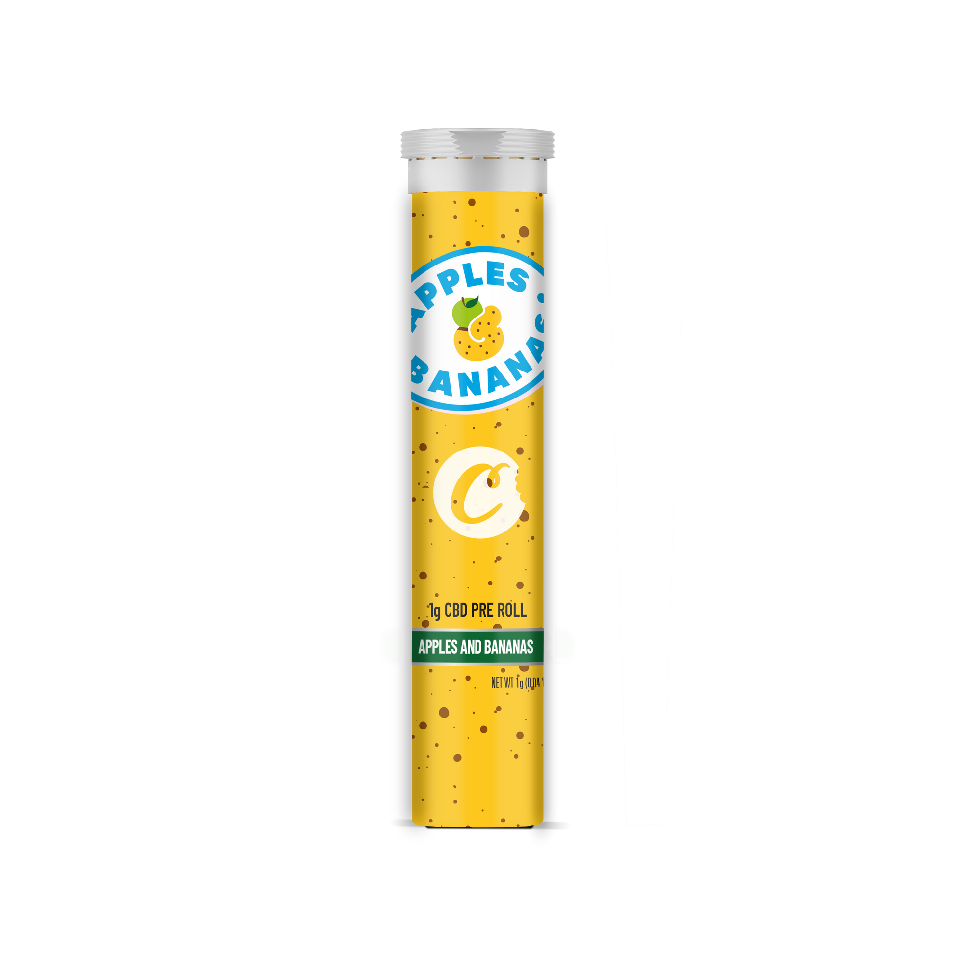 Pré-roulé CBD Cookies aux pommes et bananes, présenté dans un emballage avec des fruits frais.