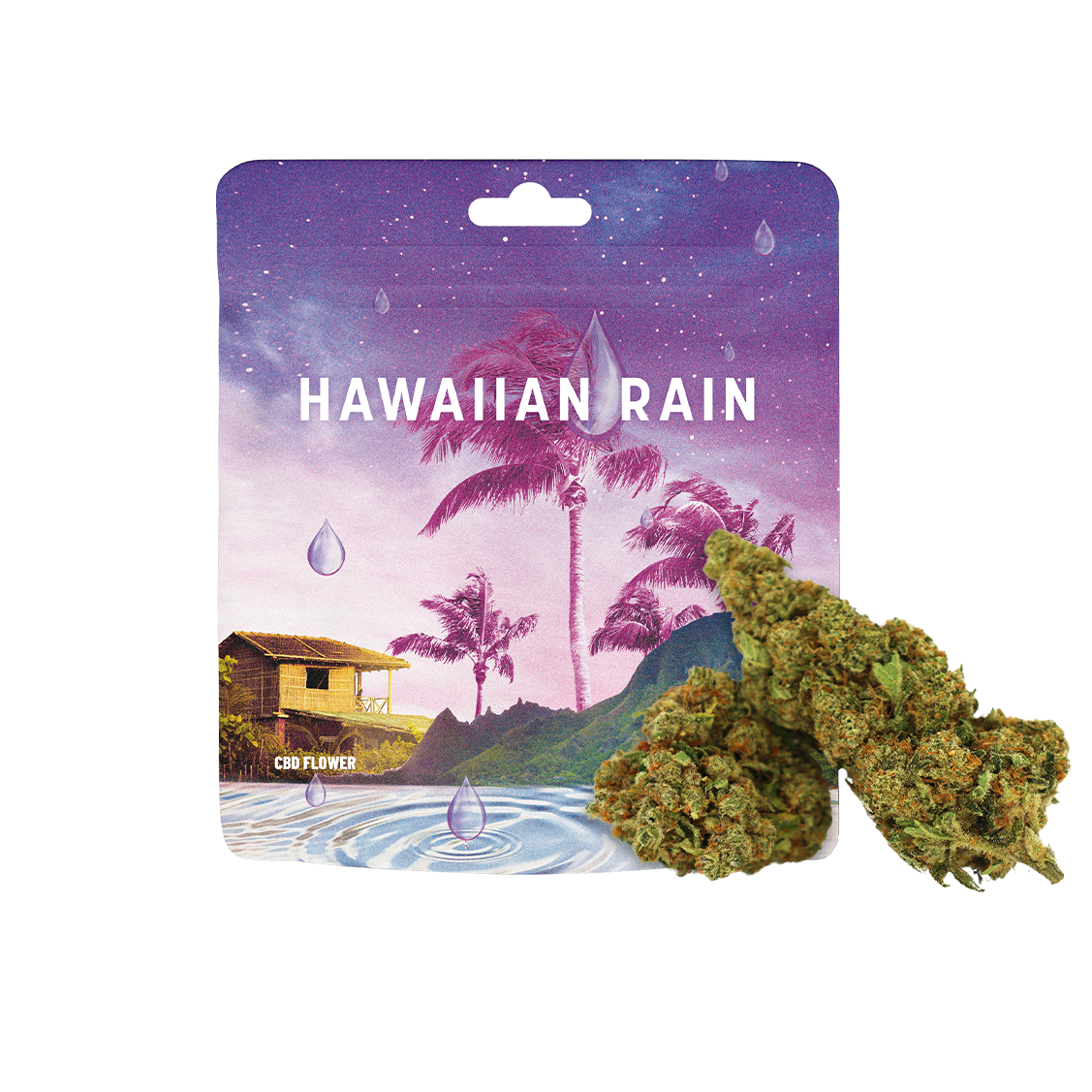 Fleur CBD Hawaiin Rain de la marque Cookies, vue détaillée de la fleur de cannabis avec trichomes et pistils orange.