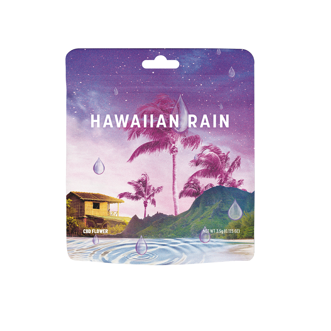 Fleur de CBD Hawaiin Rain de la marque Cookies, montrant des fleurs de cannabis séchées avec des pistils orange et vertes.