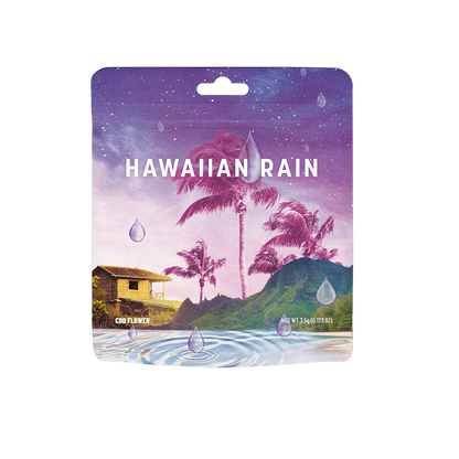 Fleur de CBD Hawaiin Rain de la marque Cookies, montrant des fleurs de cannabis séchées avec des pistils orange et vertes.