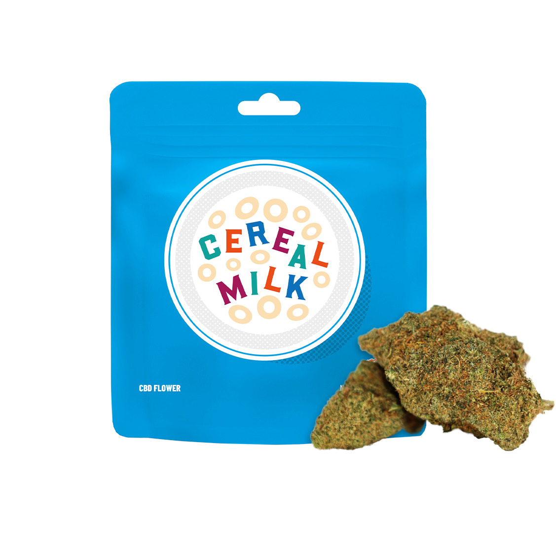 Fleur CBD Cereal Milk Cookies, fleur de CBD dans un emballage élégant, avec des grains de céréales visibles.