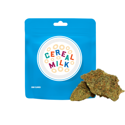Fleur CBD Cereal Milk Cookies, fleur de CBD dans un emballage élégant, avec des grains de céréales visibles.