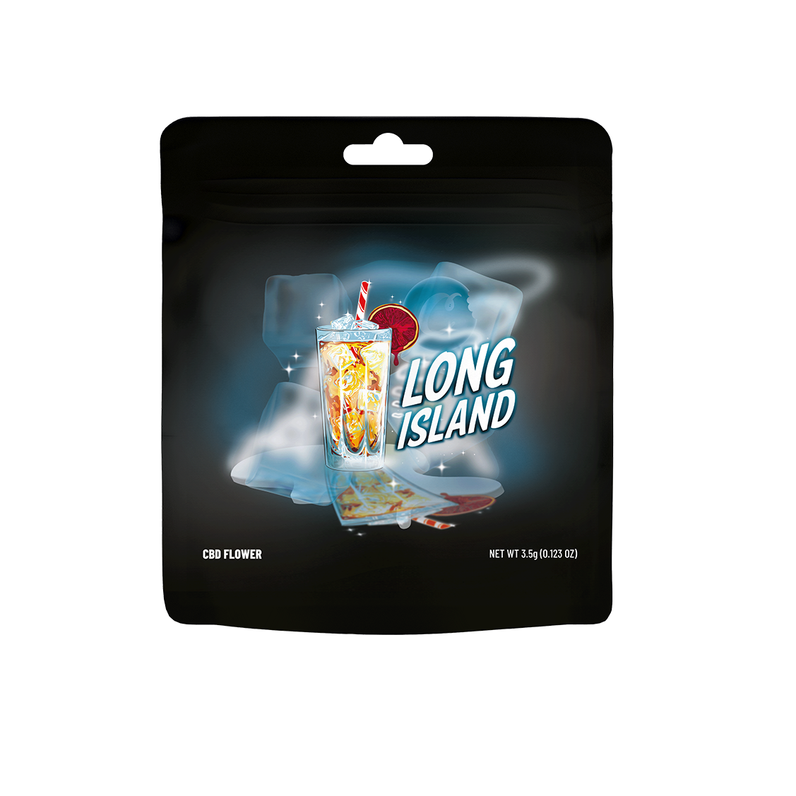 Fleur CBD Long Island de la marque Cookies, fleurs de cannabis séchées en pot de 3,5 g avec bourgeons verts et résine.