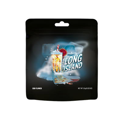 Fleur CBD Long Island de la marque Cookies, fleurs de cannabis séchées en pot de 3,5 g avec bourgeons verts et résine.