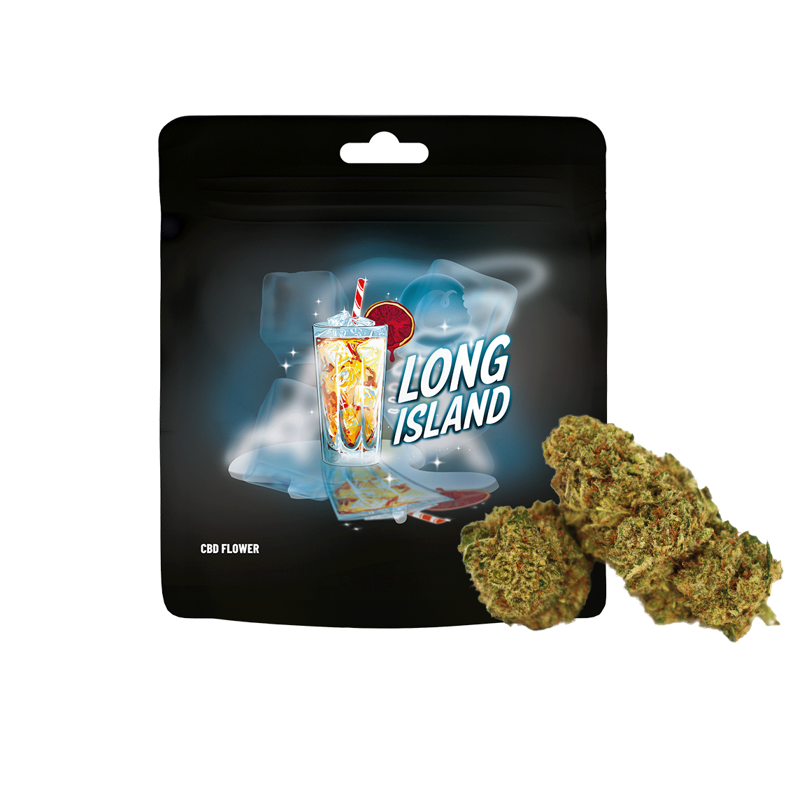 Fleurs CBD Long Island de la marque Cookies, plantes de CBD avec feuilles vertes et fleurs en gros plan.
