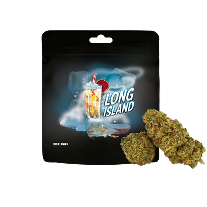 Fleurs CBD Long Island de la marque Cookies, plantes de CBD avec feuilles vertes et fleurs en gros plan.