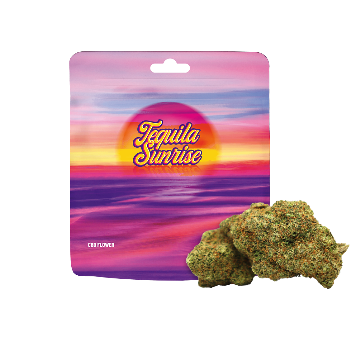 Fleur CBD Tequila Sunrise de la marque Cookies, bourgeons de cannabis avec trichomes et pistils oranges.