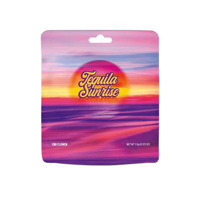 Fleur CBD Tequila Sunrise de la marque Cookies, flacon de fleurs CBD avec étiquette colorée et bouchon en verre.