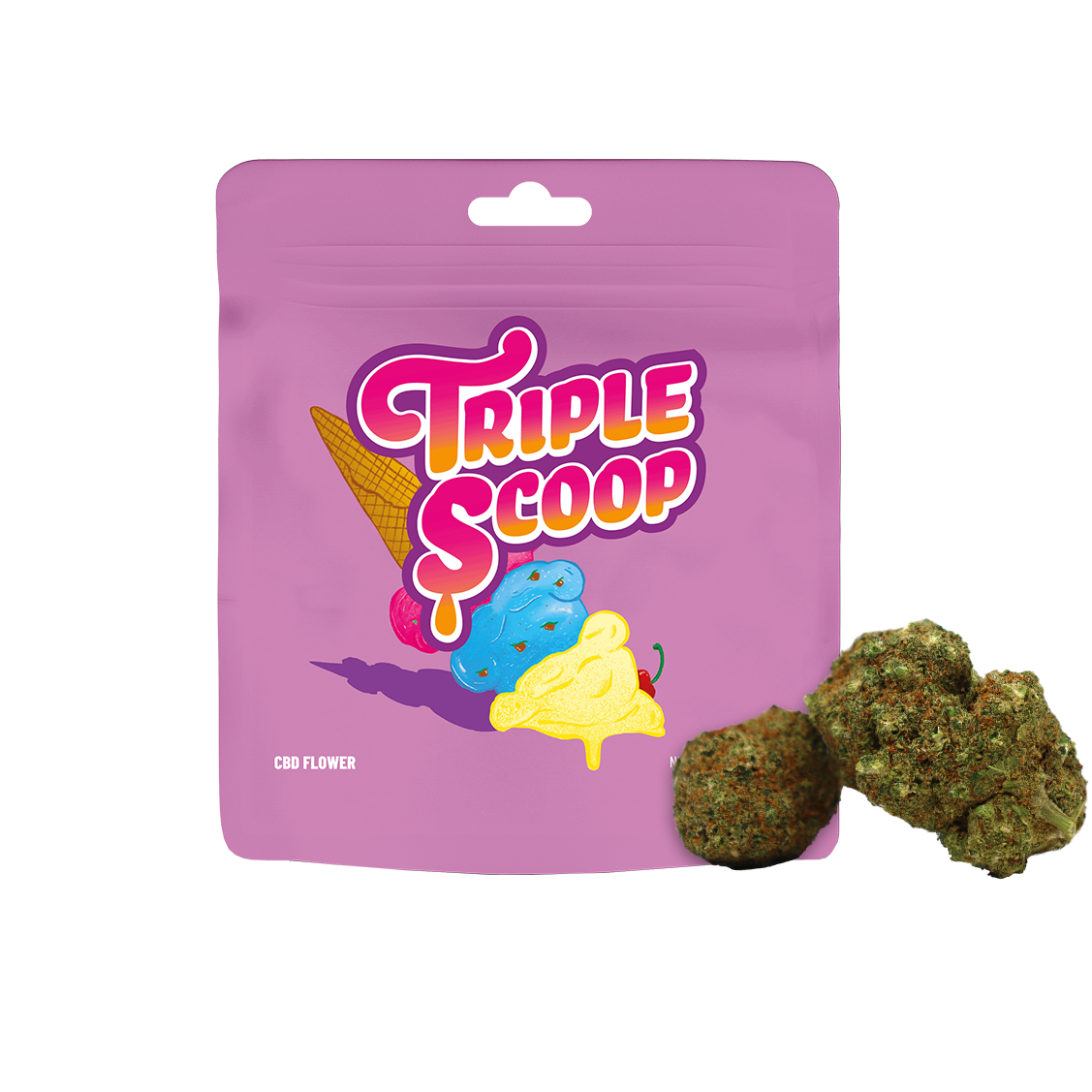 Boules de Fleur CBD Cookies en triple scoop, présentation réaliste de fleurs de chanvre naturelles et aromatiques.