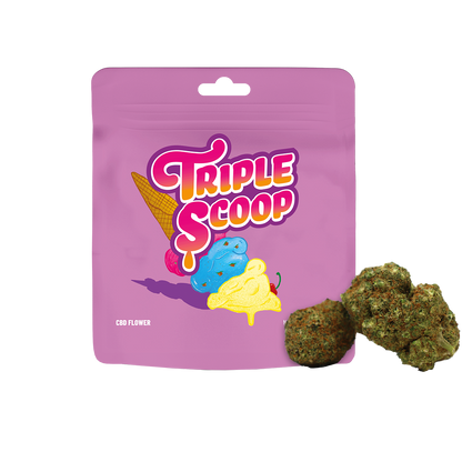 Boules de Fleur CBD Cookies en triple scoop, présentation réaliste de fleurs de chanvre naturelles et aromatiques.