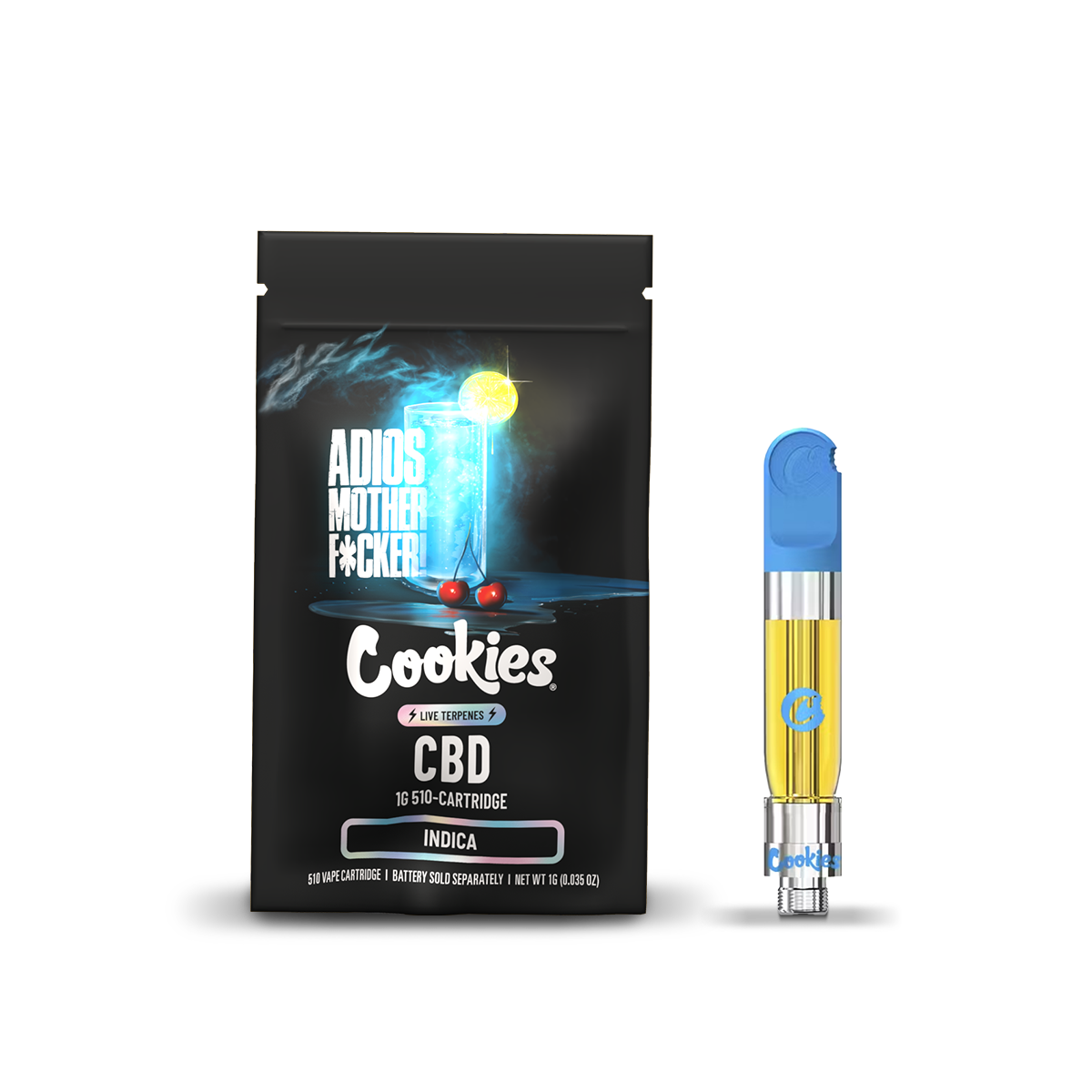 Cartouche CBD Cookies Adios Mother F*cker! avec design transparent, mettant en valeur le produit et le logo sur l'emballage.