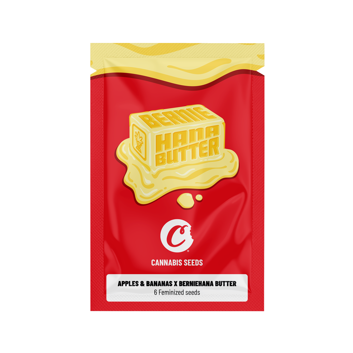 Graines féminisées Cookies, type de graines, montrant des pommes, bananes et beurre de Bernie Hanabutter sur l'emballage.