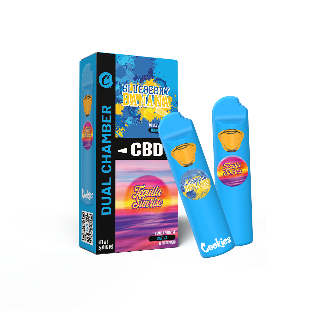 Vape CBD Cookies Blueberry Banana et Tequila Sunrise, flacons avec étiquettes colorées et design moderne.