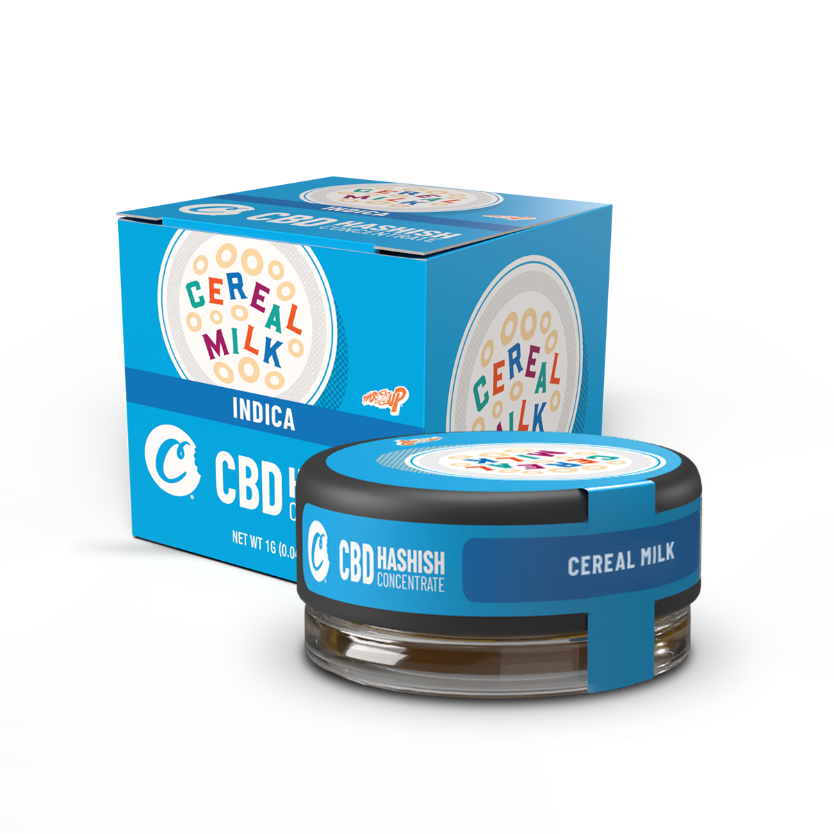 Hash CBD Cereal Milk Cookies, bloc de concentré de cannabis, avec texture et couleur visibles dans l'image.