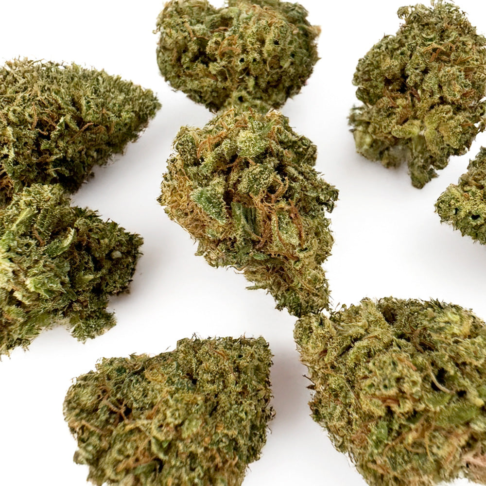 Fleurs de cannabis DreamBerry de DELI-CANNA, bourgeons verts avec trichomes blancs, dans un emballage transparent.
