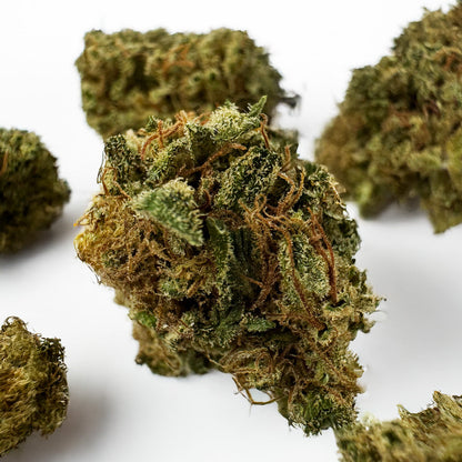 Fleur de cannabis OG Kush de 3,5 g de la marque DELI-CANNA, plante verte avec trichomes blancs et feuilles épaisses