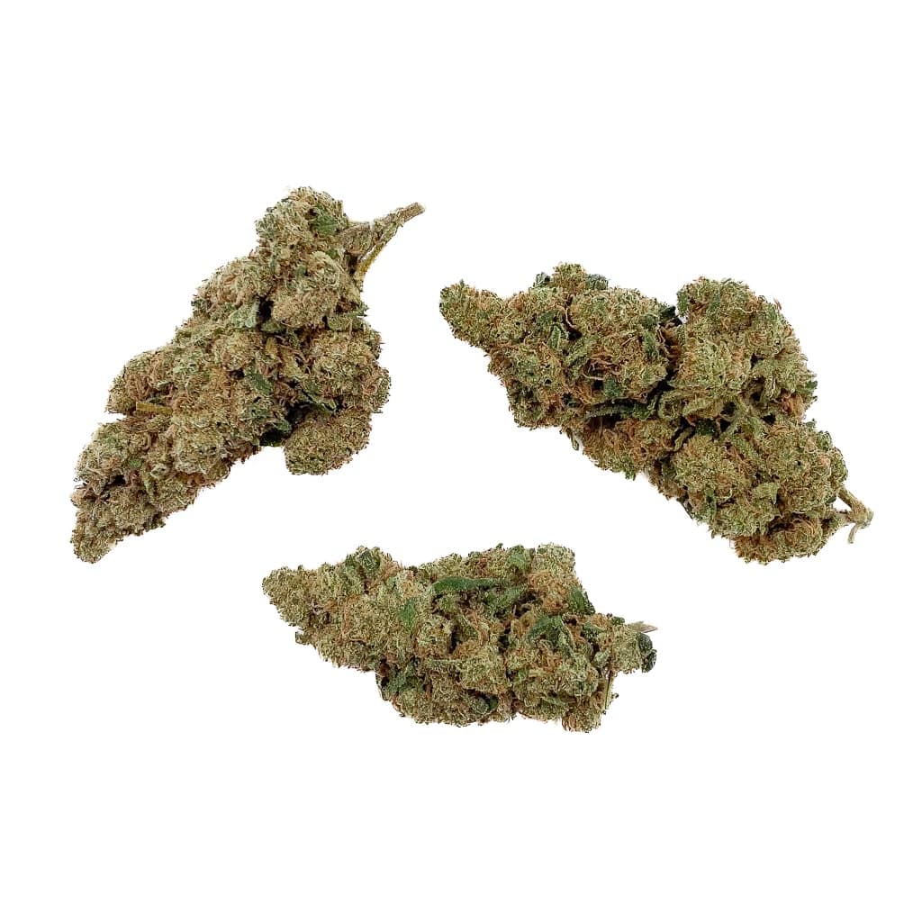 Fleurs de CBD Amnesia 10-OH-HHC de DELI-CANNA, bourgeons de cannabis en mélange avec trichomes brillants et feuilles vertes.