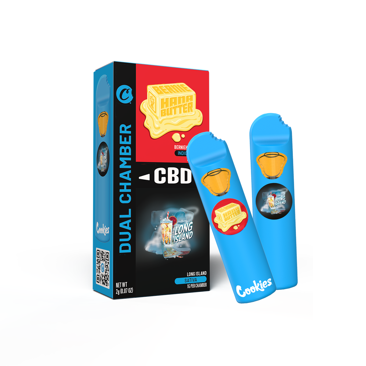 Vape CBD Berniehanna Butter et Long Island de la marque Cookies, flacon avec étiquette colorée et bouchon noir.