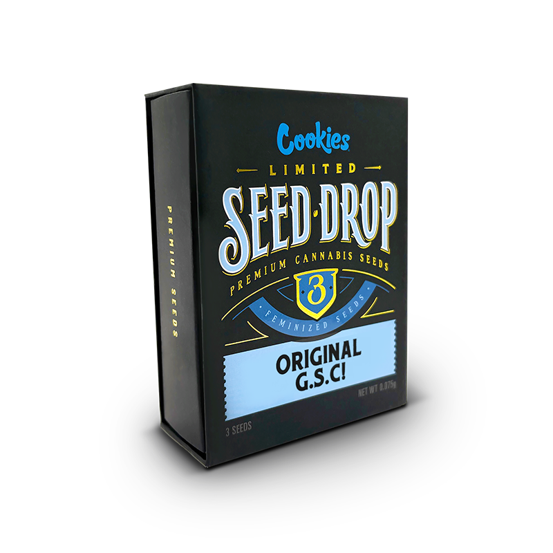 Graines THC Original G.S.C de la marque Cookies, vue en gros plan, montrant les graines de cannabis naturelles et détaillées.