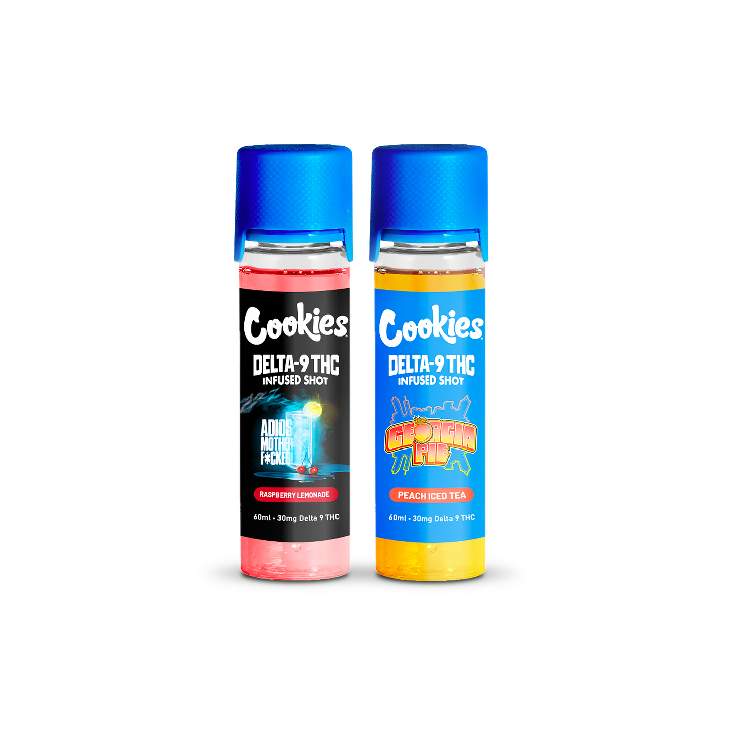 Paquet de deux sirops THC Cookies Europe, bouteille en plastique avec étiquette colorée et bouchon à vis.