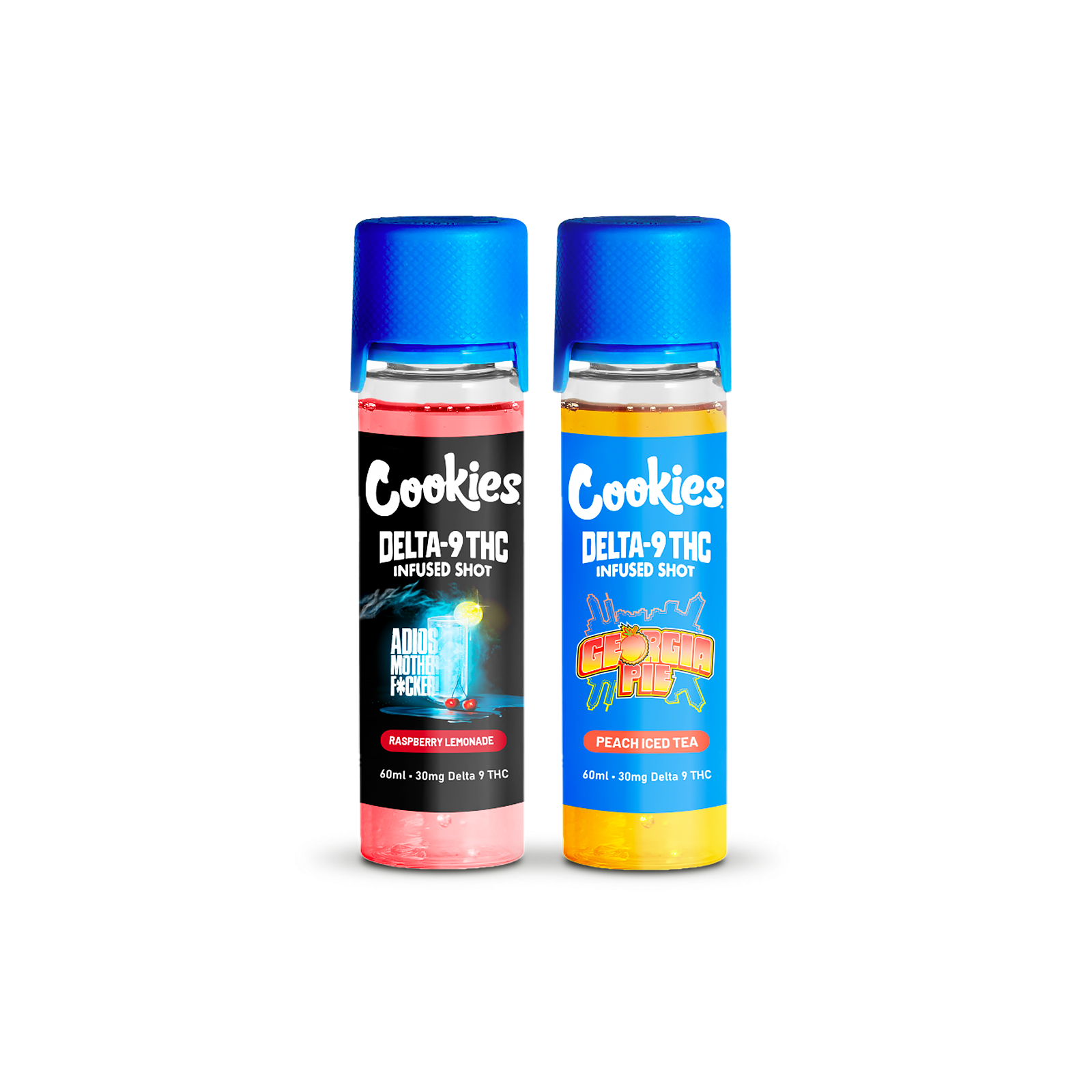 Paquet de deux sirops THC Cookies Europe, bouteille en plastique avec étiquette colorée et bouchon à vis.