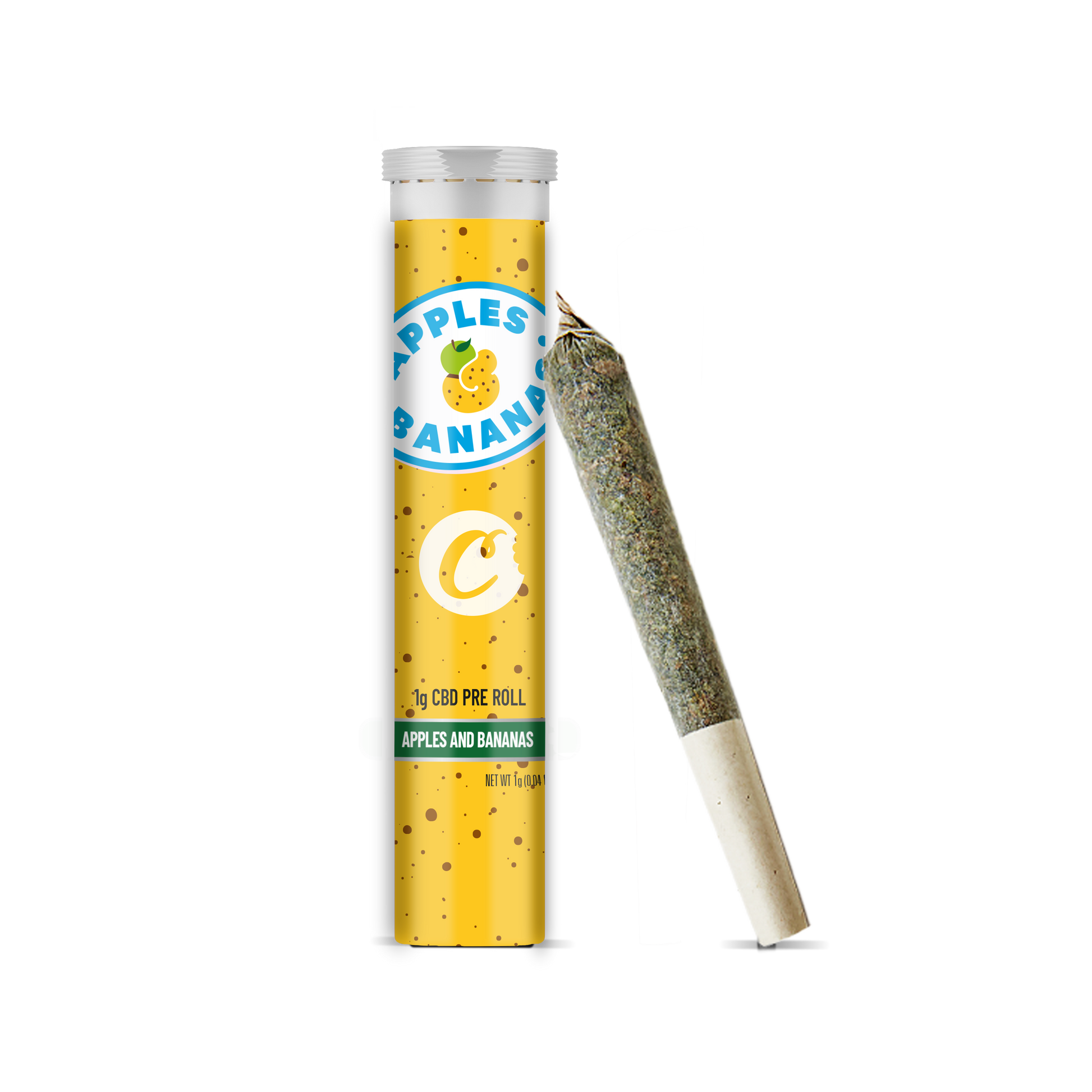 Pré-roulé CBD Cookies à la pomme et à la banane, avec joint visible, illustration de fruits frais et naturel.