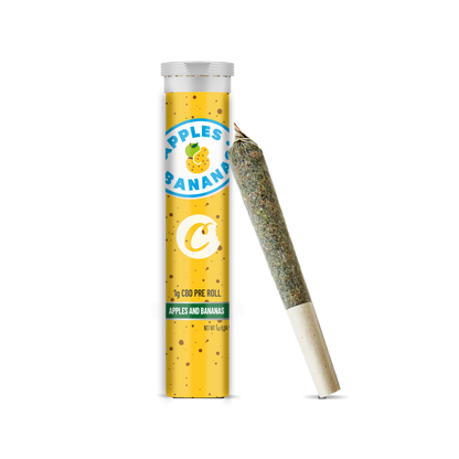 Pré-roulé CBD Cookies à la pomme et à la banane, avec joint visible, illustration de fruits frais et naturel.