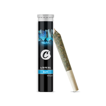 Pré-roulé CBD Blue Raz de la marque Cookies, joint bleu avec emballage visible, idéal pour la détente.