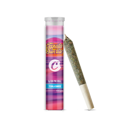Preroll CBD Tequila Sunrise de la marque Cookies, pré-roulé avec étiquette visible, dans un emballage blanc.