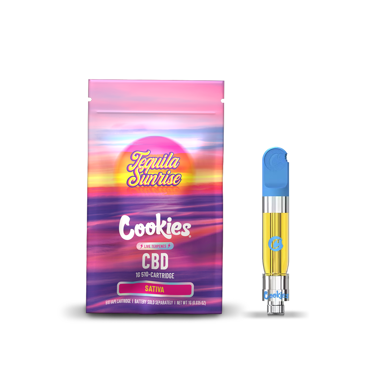 Cartouche CBD Cookies Tequila Sunrise avec design coloré et motif de tequila, pour vapoteur.