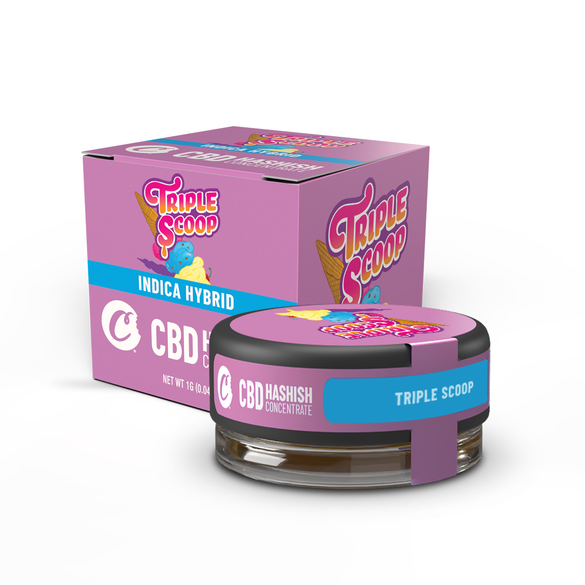 Hash CBD Cookies Triple Scoop, bloc de concentré de cannabis avec trois couches de texture, vue de face sur fond clair.