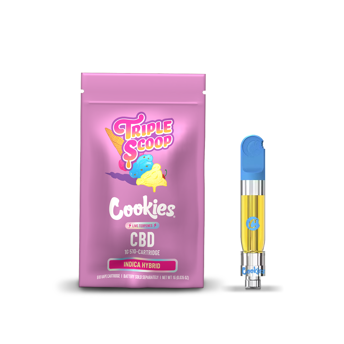 Cartouche CBD Cookies Triple Scoop avec trois boules de CBD colorées, emballage transparent montrant le produit.